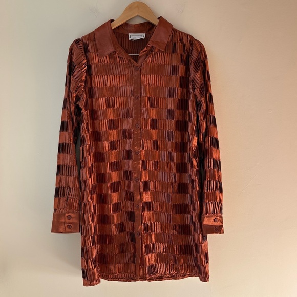 Rust Satin Pleated Shirt Dress (Missing Belt) - Picture 3 of 11
